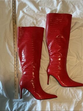 Red Croc-Embossed Knee-High Stiletto Boots - Women